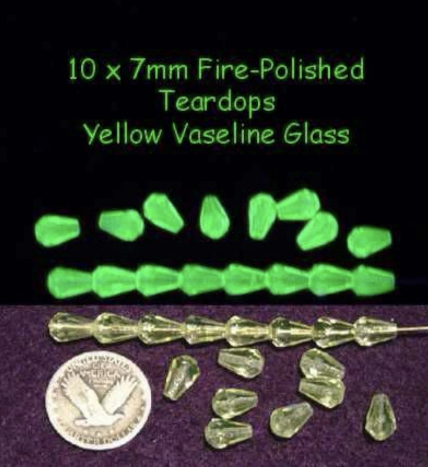 10 Pcs 10 x 7mm Faceted Fire-Polished Teardrops VASELINE/URANIUM GLASS BEADS