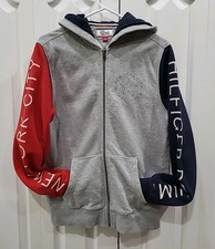 S TOMMY HILFIGER Mens Zip Logo Print Sleeves Red Blue Hoodie Sweatshirt Grey