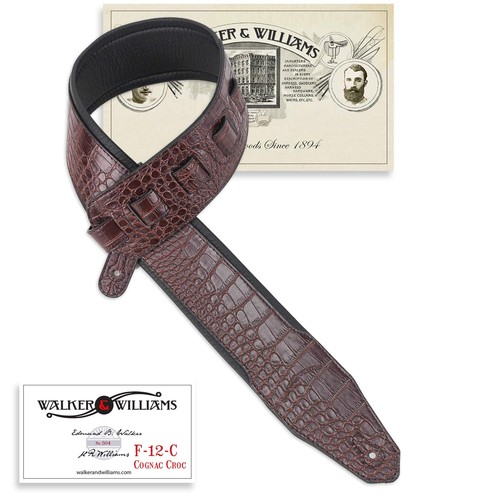 F-12-C Cognac Brown 3" Wide Alligator Textured Padded Guitar Strap For Acoust...