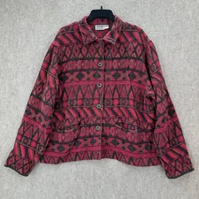 Chicos Tapestry Jacket Womens XL Geometric Button Long Sleeve Red Black Shacket