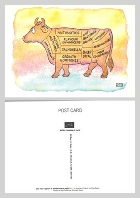 Postkarte - Satirische Karikatur Kuh schneidet Kritik der Lebensmittelindustrie von Stan Eales UNPO