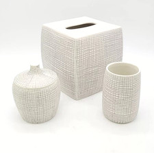 4pc Set Kassatex Raffia Cotton Jar /Lid Kleenex Holder Tumbler Heavy Porcelain