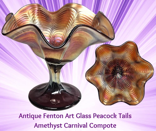 Estate Antique FENTON Art Glass PEACOCK TAILS Carnival AMETHYST Ruffled Compote