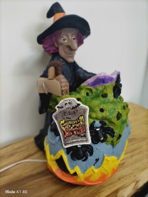 Vtg Halloween Witch Luminary Cauldron Bats Spiders Spells Large Black Lamp NOS
