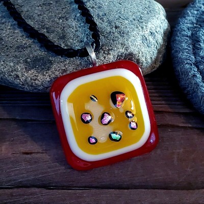 Handcrafted Artisan Red Yellow Multi Dichroic Glass Square Pendant Necklace