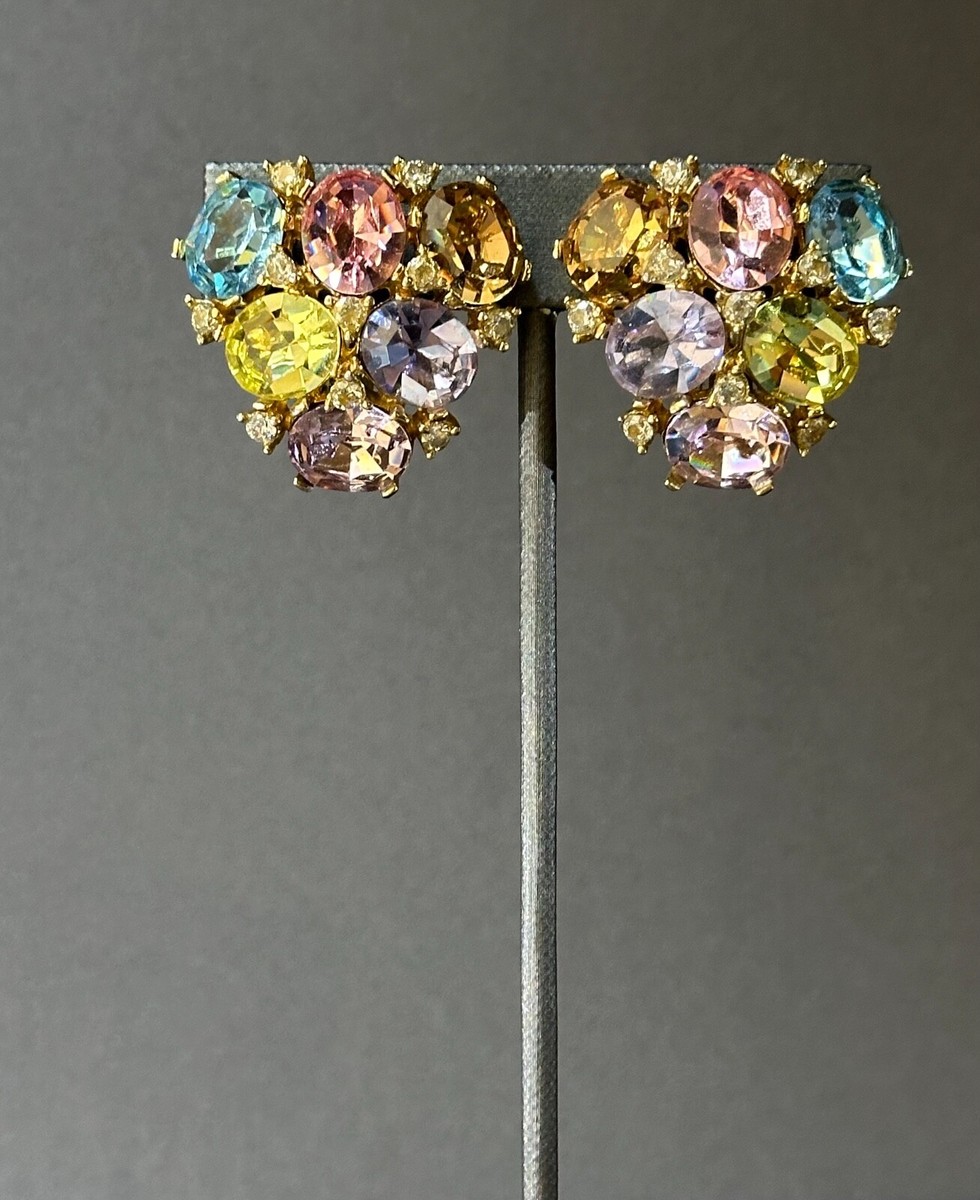 CINER Bejeweled Large Clip On Earrings Glamour Haute Couture Look Pastel Colors View 4