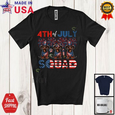 4th Of July Squad, Lovely Three Dachshunds, USA Flag Fireworks Patriotic T-Shirt