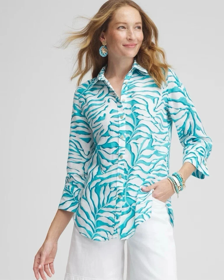 Linda Camisa Chicos 100% Lino Blanca Estampado Palma Top Talla 8 Beach Resort Manga 3/4 Foto 2 de 4