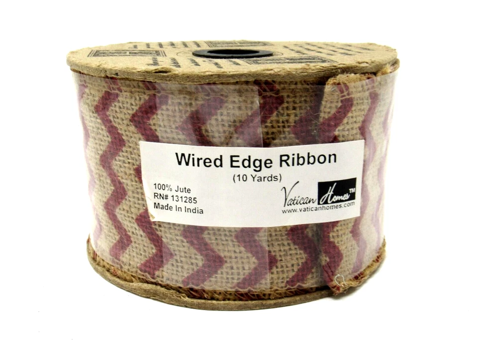 Vatican Homes Wired Christmas Ribbon Red Zig Zag Burlap Jute 2.75" x 10 yards - Image 3 of 4