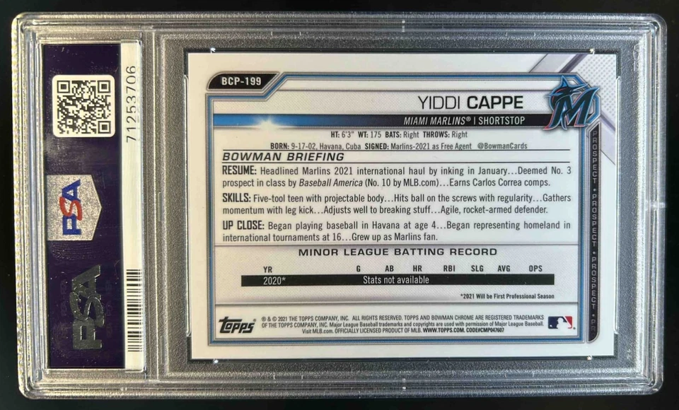 2021 Bowman Chrome Yiddi Cappe Green Refractor 1st Prospect #22/99 Marlins PSA 9 - Image 2 of 2