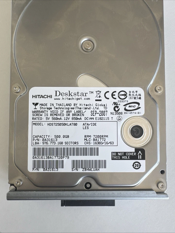 500 GB IDE FESTPLATTE HITACHI DESKSTAR HDS725050KLAT80 3,5 ZOLL 7200RPM #FP3006