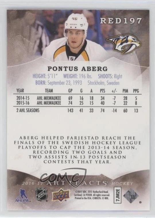 2016 Upper Deck Artifacts Rookie Redemption Emerald /99 Pontus Aberg #RED197 RC - Image 2 of 2