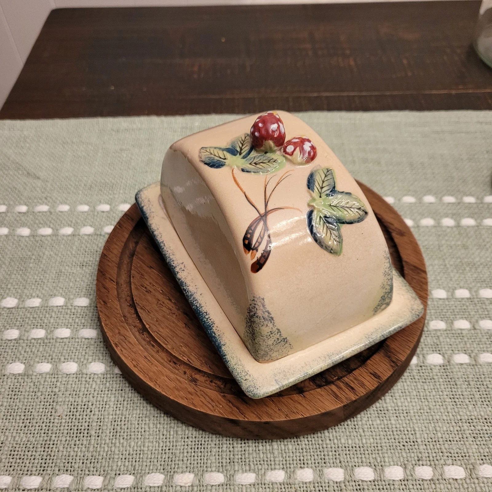 Vintage Spongeware Green Ceramic Butter Dish or Cheese W/ Strawberry Handle