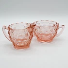 Vtg Jeannette Pink Depression Glass Sugar Bowl & Creamer Set Cubist Pattern