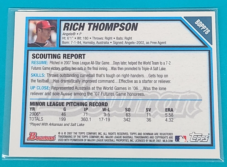 2007  Bowman DP&P Prospects Gold #BDPP78 Rich Thompson Angels Baseball Card u - Image 2 of 2