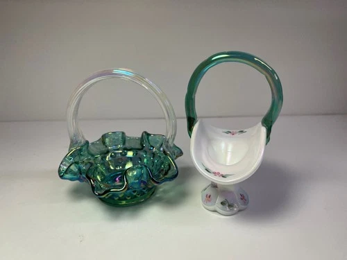 Fenton Art Glass  ~ 2 Small (Miniature) Green Iridescent Baskets ~ C. Hall