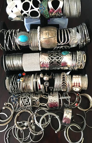 80+ HUGE Vintage Costume to Fashion Jewelry lot Bracelet CUFF ALL SILVER TONE