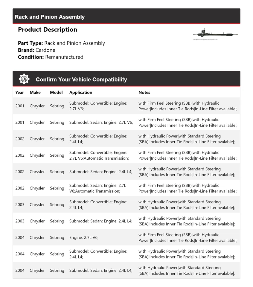 Para Chrysler Sebring 2001-2004 montaje de piñón y cremallera Cardone 2002 2003 Foto 2 de 4
