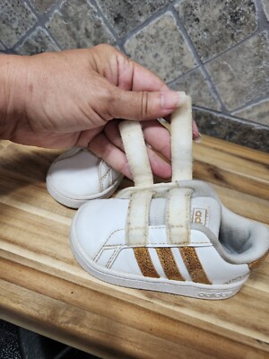 Adidas Toddler Size 5K White Sneakers Gold Stripes | eBay
