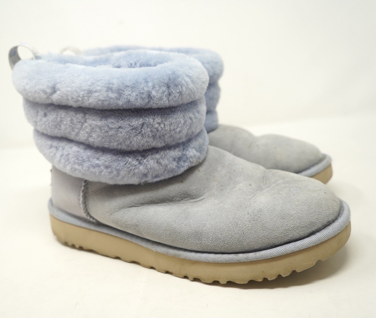 UGG Mini Fluff Quilted Cuff Blue Suede Sheepskin Ankle Boots Size Women  UK
