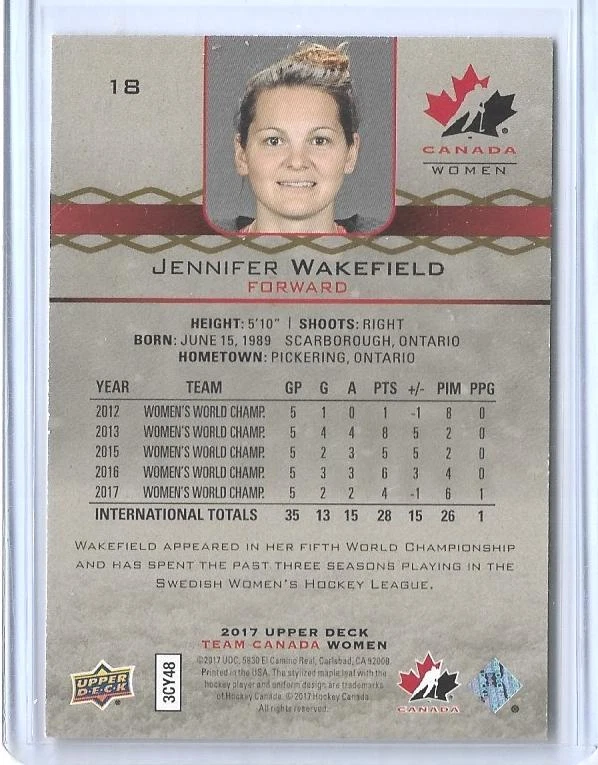 2017 UPPER DECK CANADA WOMEN JENNIFER WAKEFIELD CARD #18 ~ 001/199 ~ UNIQUE 1ST - Image 2 of 2