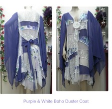 Purple White Bohemian Wedding Chiffon Lace Patchwork Duster  Coat Size 20-22 AU