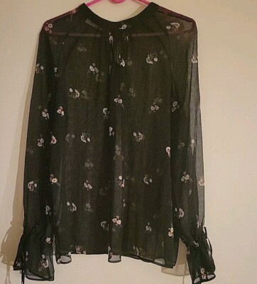 Promod Sheer Chiffon Black Long Sleeve Blouse S M Flared Mock Neck Floral