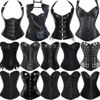 Vintage Gothic Overbust Boned Corset Burlesque Basque Top Lace-Up Costume 6~24