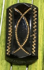 Antique Black Glass Button Arched Rectangle Gold Foil Embedded Tunnel Shank 3/4"