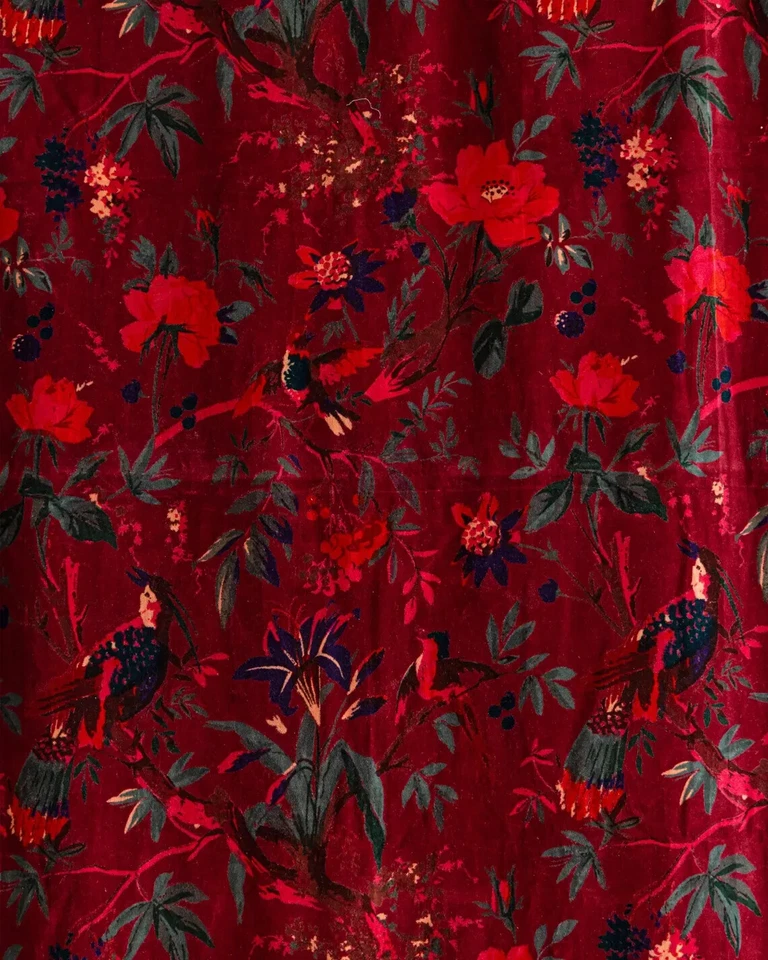 Cortina de Terciopelo Estampado de Pájaros Color Rojo, Cortina Boho, Cortinas de Ventana de Lujo Foto 3 de 4