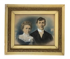 Antique Crayon Portrait Hand Tinted Couple Ornate Gesso Wood Frame 25 x 29"