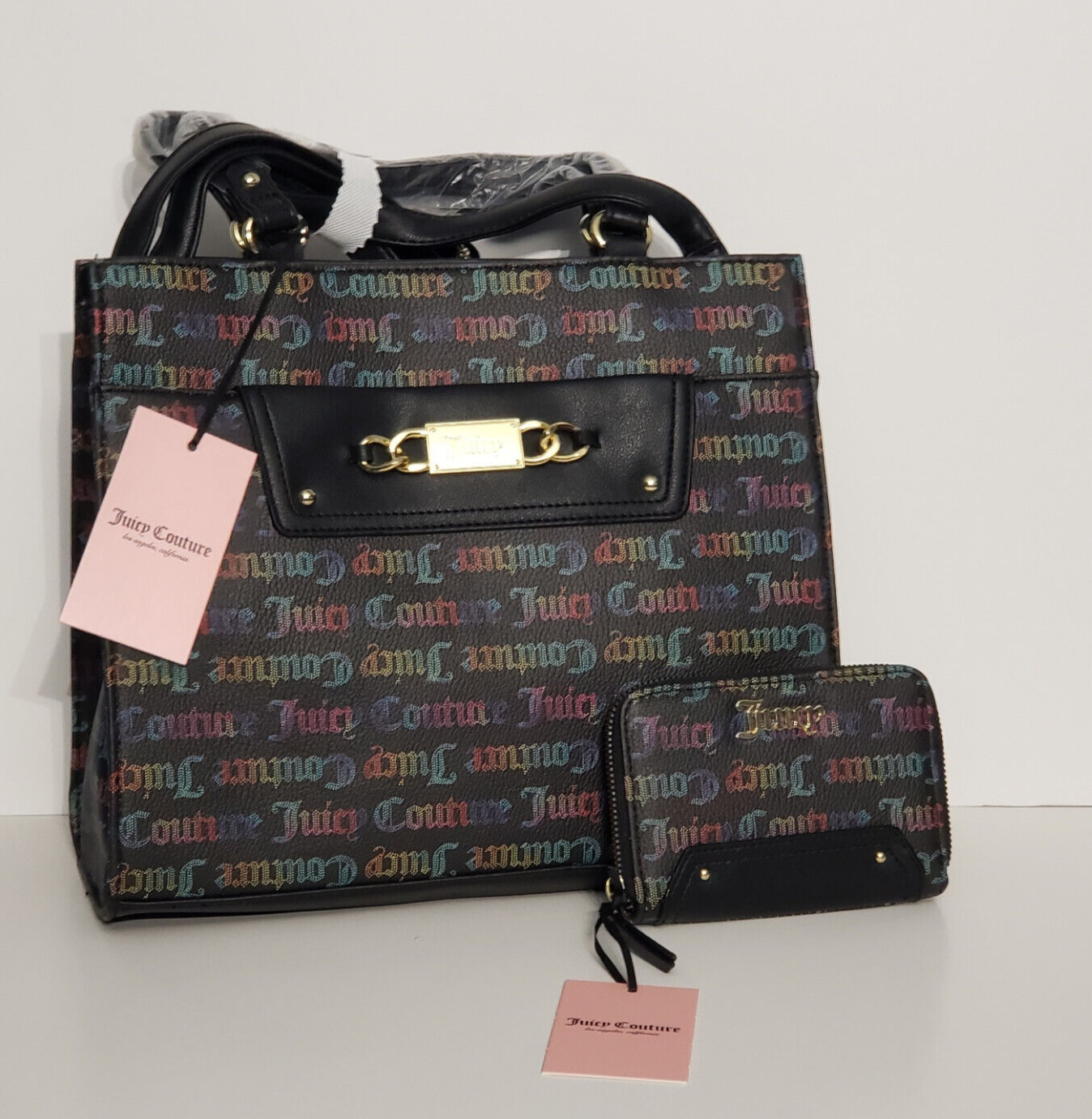 Juicy Couture  Black Multi Off the Chain Tote  & Med Zip Wallet Set NWT