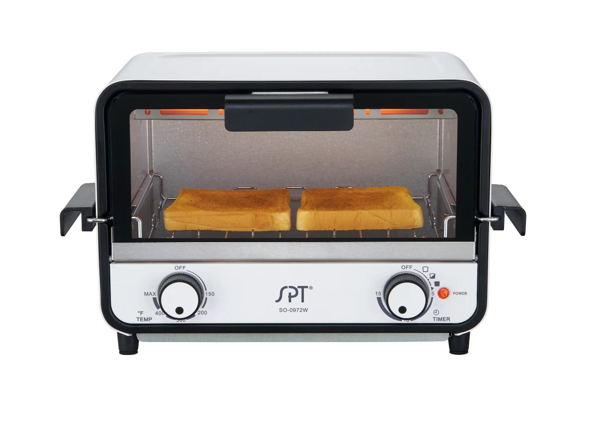 SPT Toaster Oven 800 W 2-Slice White Countertop Timer Reversible Baking Rack
