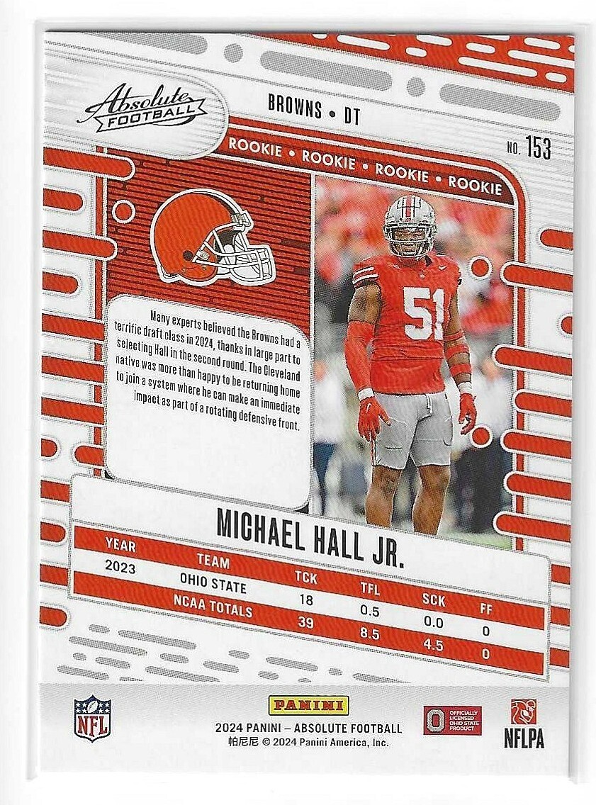 MICHAEL HALL JR. 2024 PANINI ABSOLUTE RETAIL GOLD ROOKIE RC BROWNS