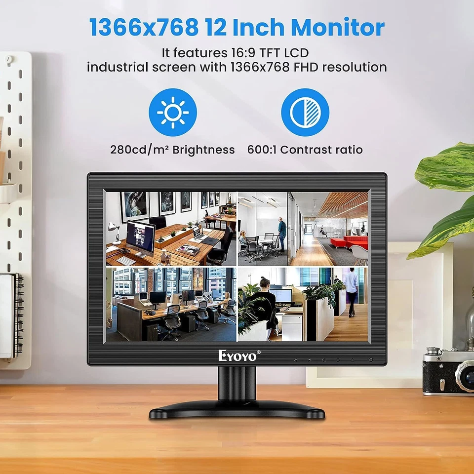 Eyoyo 12 in HDMI Monitor 1366x768 Portable TFT LCD Screen VGA/BNC/AV for CCTV - Image 3 of 4