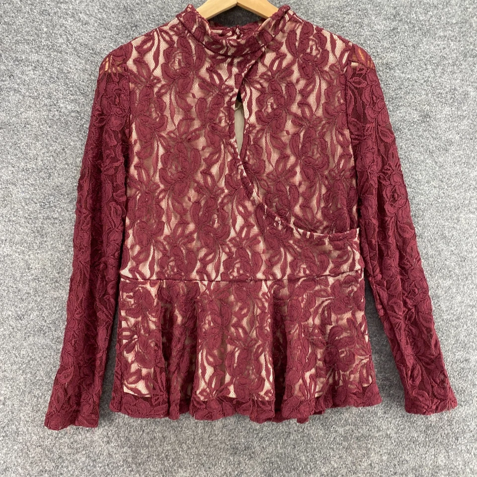 Blusa Love, Fire Mujer L Grande Roja Floral Forrada Crochet Cuello Alto Manga Larga Foto 4 de 4