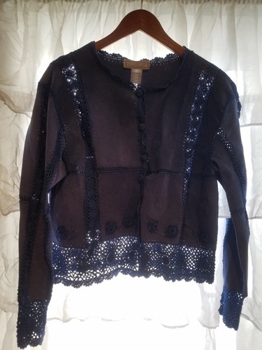 SMH Boutique Women Jacket M Leather Cropped Boho Festival Crochet Lace