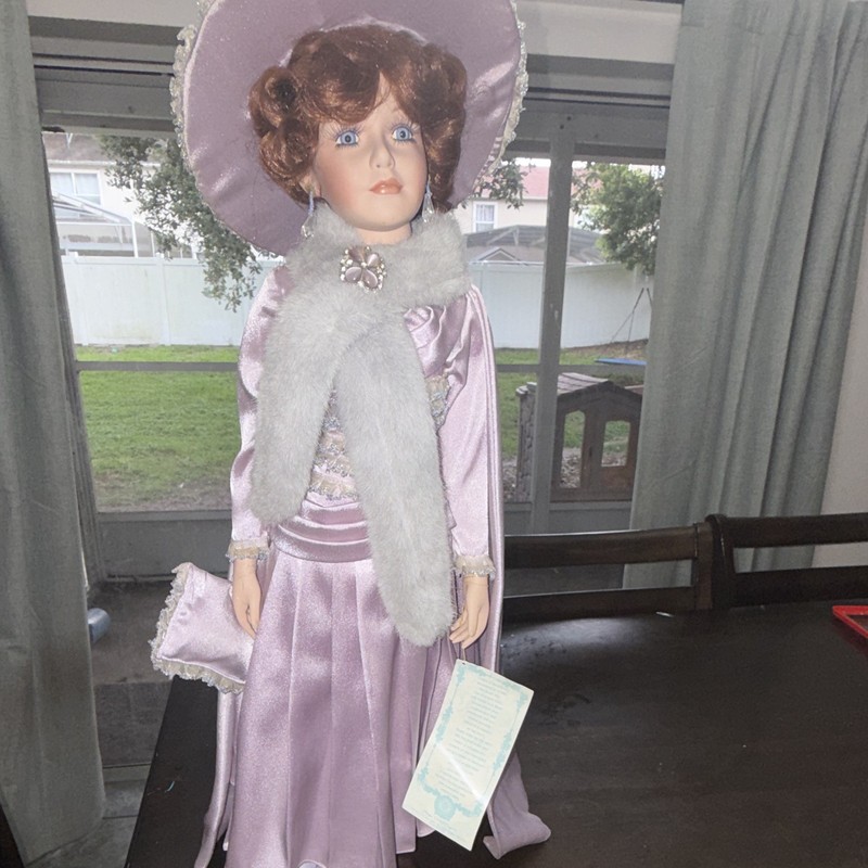 The Heritage Mint Ltd. Violet 16in Porcelain Doll Purple Satin Dress w/ Tag