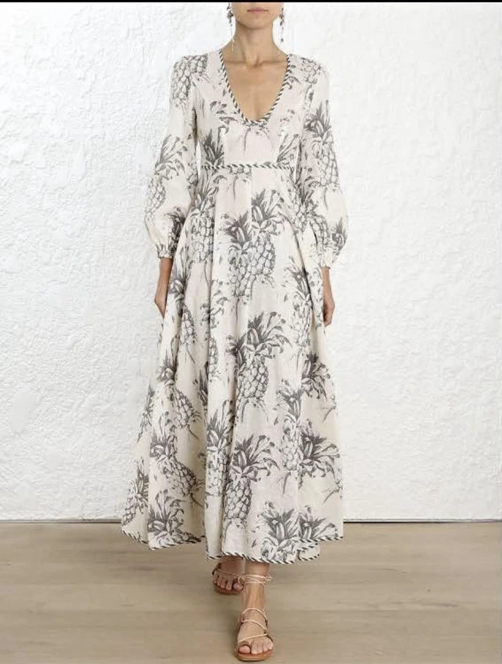 Maxi Vestido Zimmermann Wayfarer Plunge Lino Talla 0 AU 8 US 4 Piña Foto 2 de 4