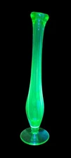 Vtg Swung Depression Bud Vase Uranium Vaseline Glass Pedestal Fluted Lip 8" 30's