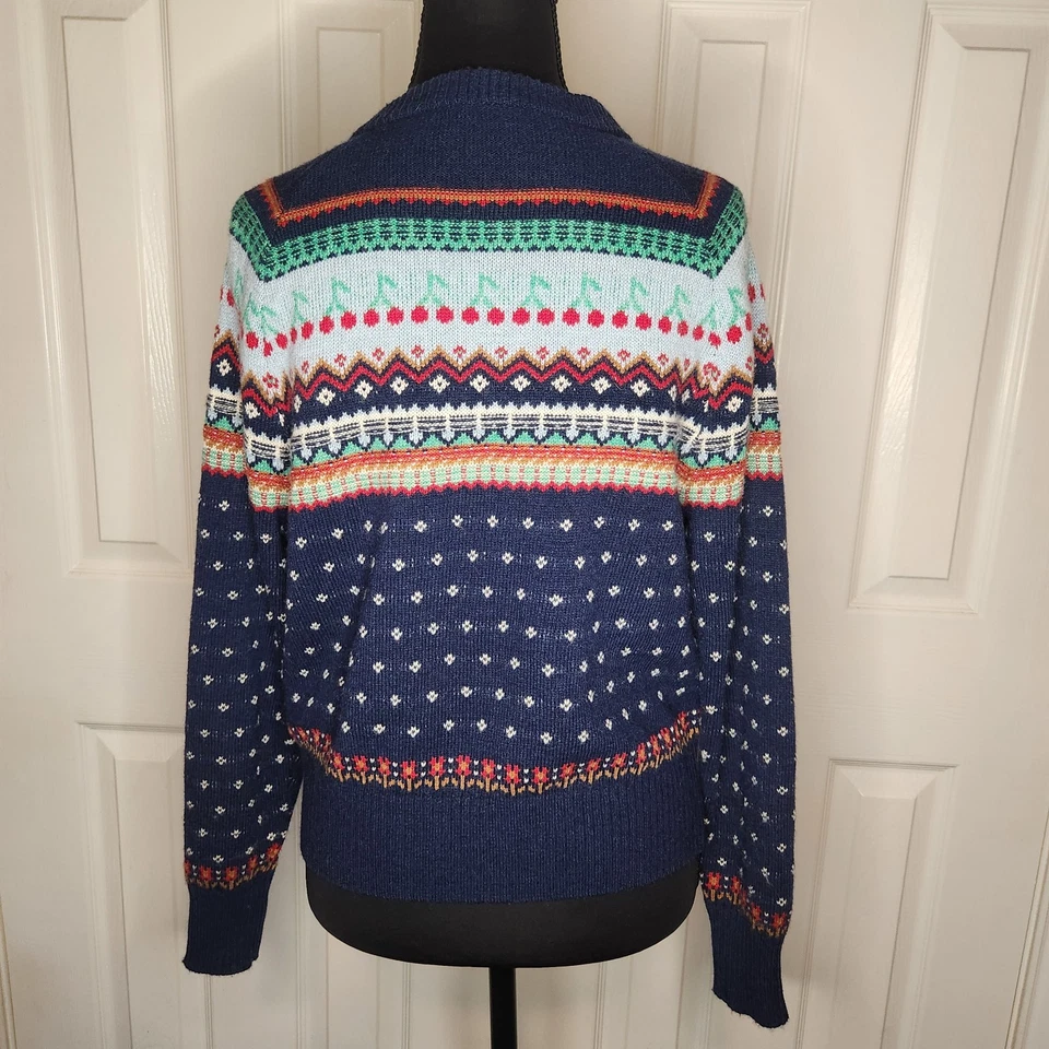 JCrew Wool Blue Fair Isle Cherry Knit Cardigan Sweater Womens XS - Image 3 of 4