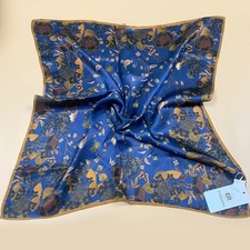 100 Silk Scarf Women Vintage Blue Leaves Kerchief Square Bandana Wrap