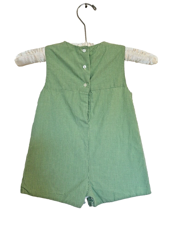 Smocked Romper Green Mini Check Embroidered Pirate Palm Trees Toddler Boy 18M - Image 2 of 4