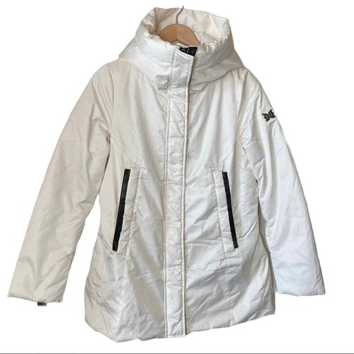 DAWN LEVY Coat Women Size Small White Premium Down Puffer Hooded Mid Length