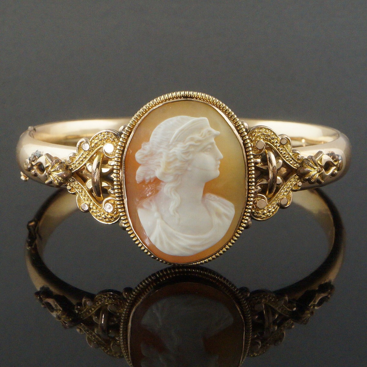 Antique Yellow Gold Filled Ornate Filigree Carved Cameo Estate Bangle  Bracelet