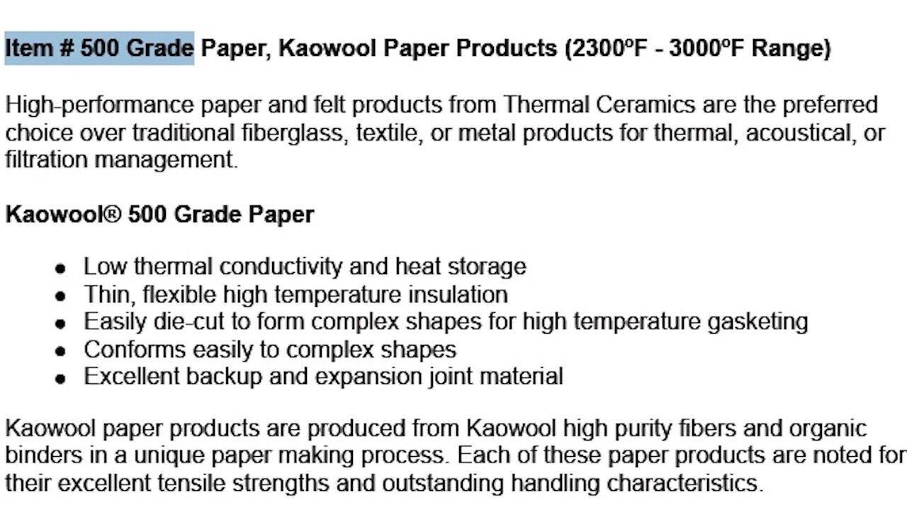 Thermal Ceramics Kaowool Paper Products - Inproheat