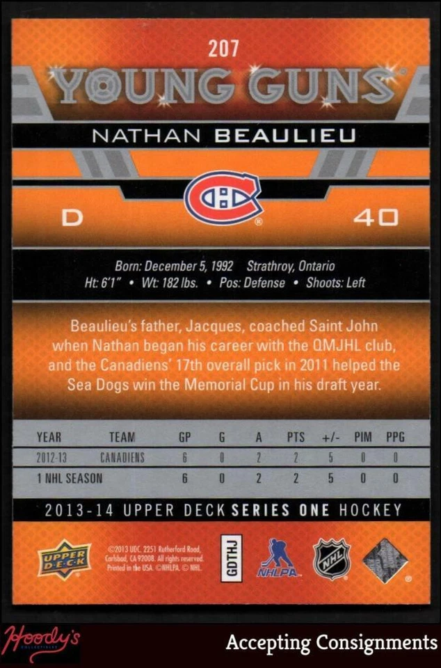 2013-14 Upper Deck #207 Nathan Beaulieu YG RC CANADIENS YOUNG GUNS ROOKIE - Image 2 of 2