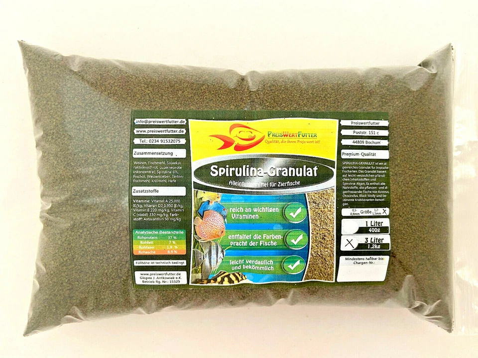 Spirulina Granulat (grob / fein) 3 L BEUTEL 1,2 kg Fischfutter Aquarium Pellets