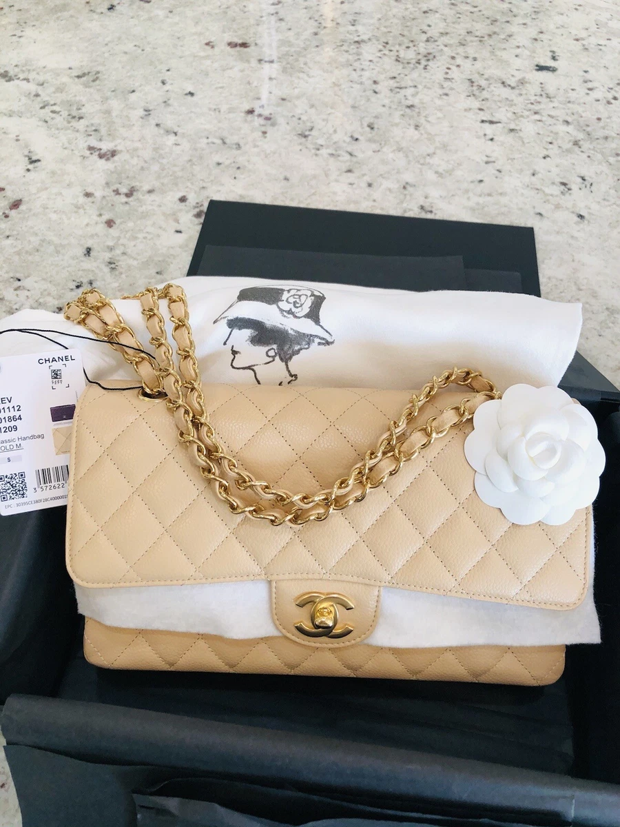 Chanel Classic Medium Double Flap, Beige Claire Caviar Leather, Silver  Hardware, New in Box