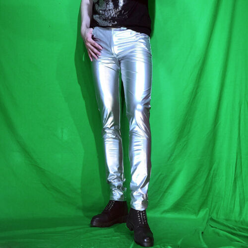 Herren Kunstleder Glänzend Hose Metallisch Skinny Dehnbar Slim Hose Club Party - Bild 16 von 31